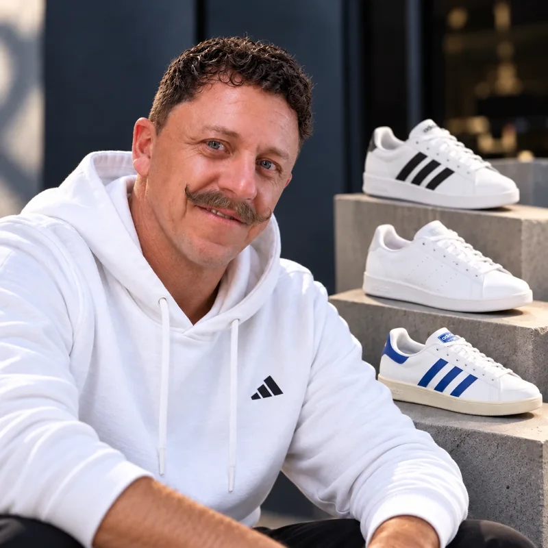 Dennis Niederelz im weißen adidas-Hoodie, neben ihm drei adidas Sneaker auf Betonstufen